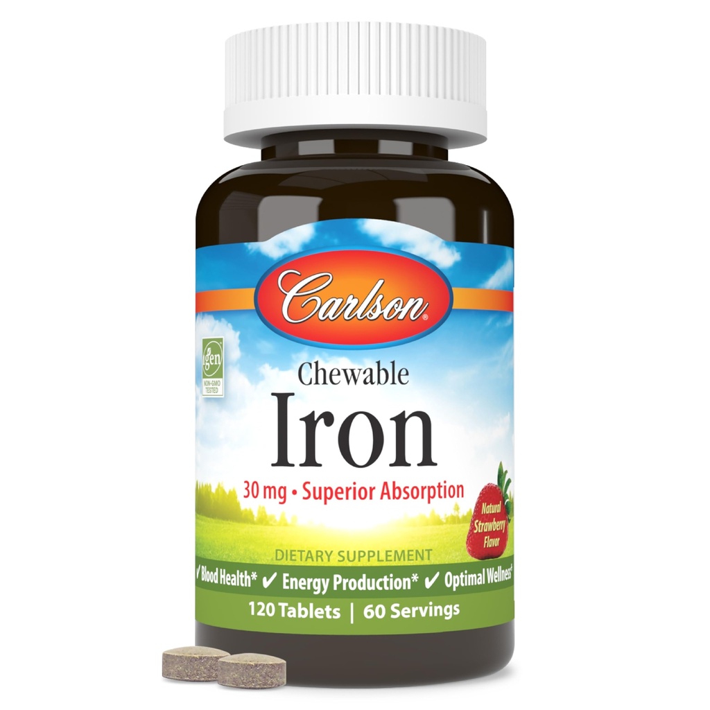 Carlson - Chewable Iron, 30 mg, Superior Abception, Blood Health, Energy Production & Optimal Wellness, Kadınlar ve Erkekler için Chewable Iron Supplement, Natural Strawberry Flavor, 120 Tablet