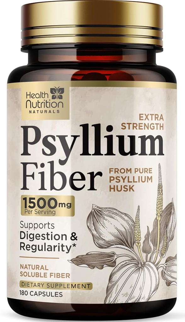Κάψουλες Psyllium Husk 1500 mg - Χάπια Φυσικού Συμπληρώματος Ίνες, Καθημερινή Πέψη, Υγεία Κολώνων, & Υποστήριξη Κανονικότητας, Φυτική βάση Ψύλλιο Husks Καπέλα σκόνης, Vegan, Μη ΓΤΟ - 180 Κάψουλες Veggie