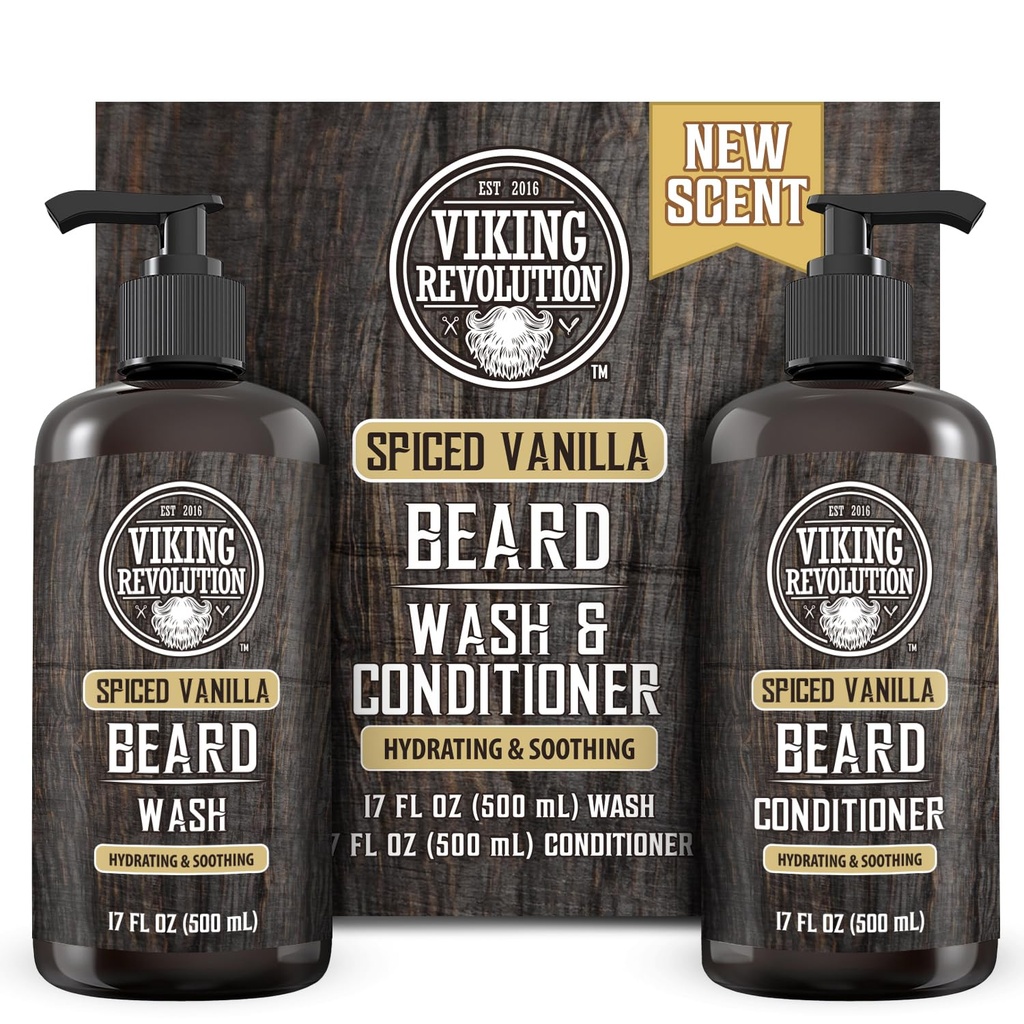 Viking Revolution Beard Wash and Beard Conditioner for Men with Argan Oil and Jojoba Oil - Beard Αποσκληρυντής και ενισχυτής Beard Care Shampoo και Conditioner με Beard Oil (17oz Spiced Vanilla)