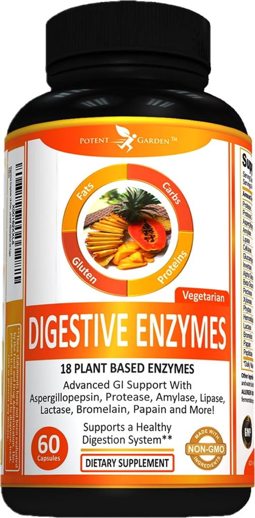 Potent Garden Digestive Enzymes -18 Plantive Enzymes with amylase lipase bromelain Pro lactase & Other Enzymes - One Pre Meal Pill Supports Health Digestion & Nutrient Abxia 60 Caps