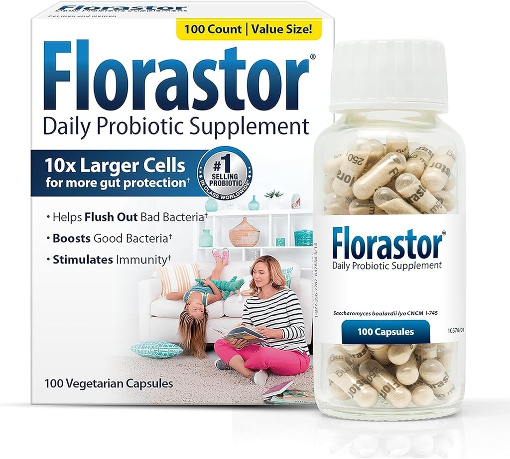 Florastor Daily Probiotic Supplement for Women and Men, Proven to Support Digestive Health, Saccharomyces Boulardii CNCM I-745 (100 Capsules)