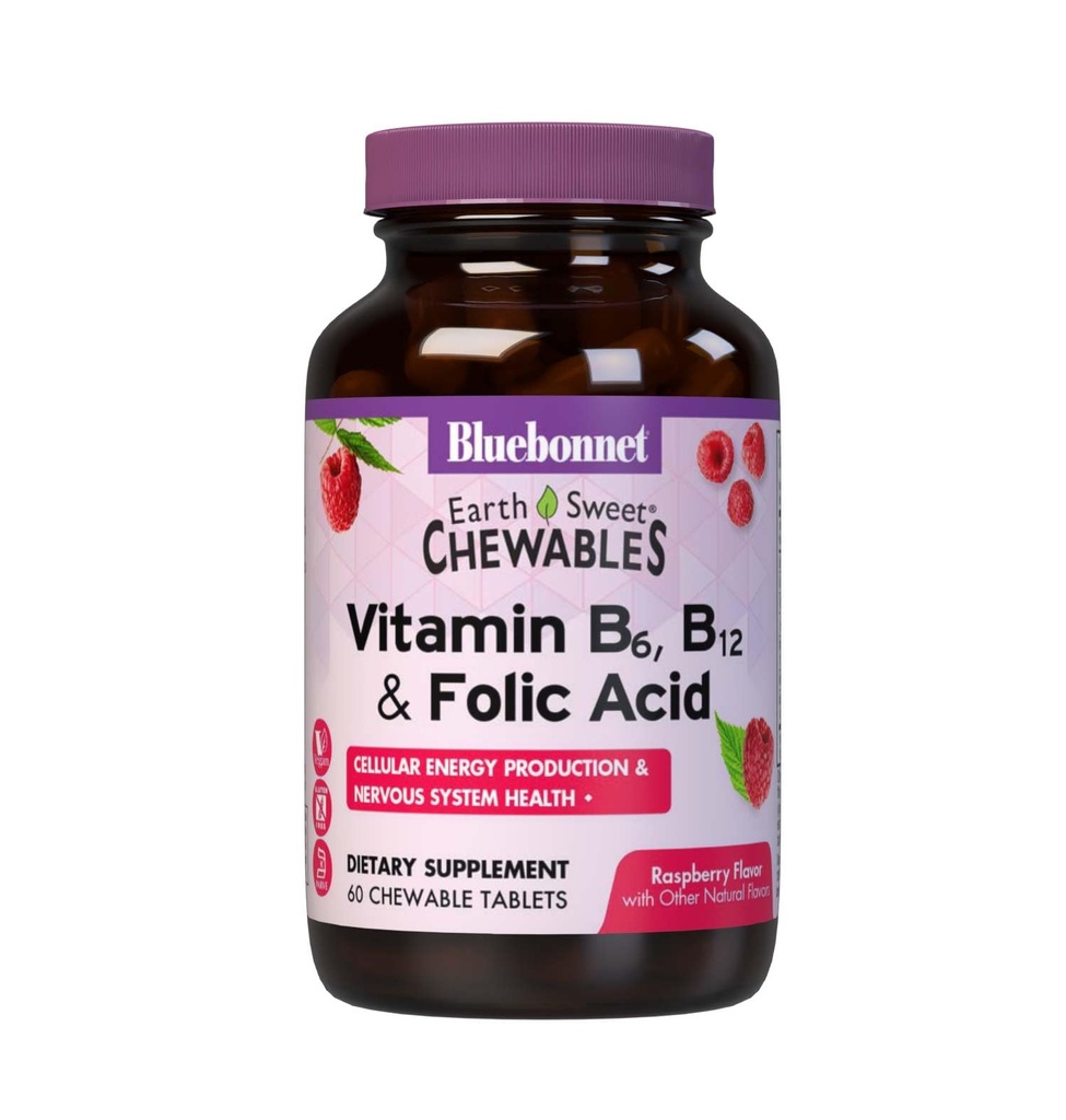 Bluebonnet Beslenme Dünya Tatlı B6, B12, Plus Folic Asit Chewable Tabletler, Vegan, Vejetaryen, Gluten Free, Soy Free, Milk Free, Kosher, 60 Chewable Tabletler, Raspberry Flavor Flavor