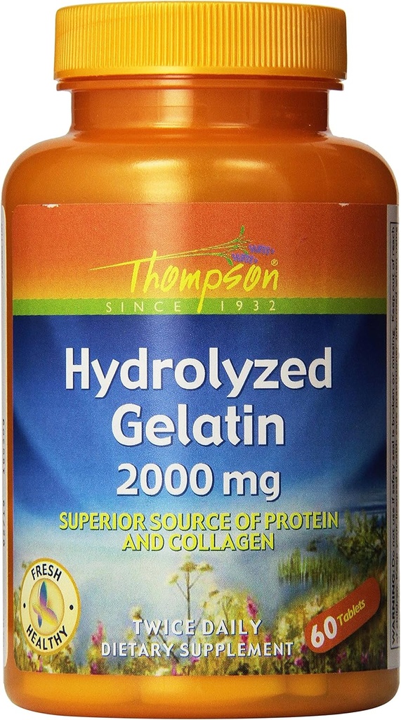 Thompson Hydrolyzed Gelatin 2000 mg | Bovine-Kaynaklanmış protein & Collagen for Health Cells & Nails Support | Geliştirilmiş Aborpsiyon | 60 Tabletler | 2 Paket