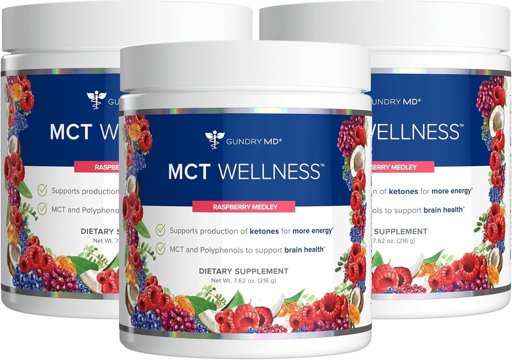 Gundry MD MCT Wellness σκόνη για την υποστήριξη της ενέργειας, παραγωγής κετόνης και της υγείας του εγκεφάλου, Keto φιλικό, ζάχαρη δωρεάν (90 ημέρα προσφοράς, σμέουρων Medley)
