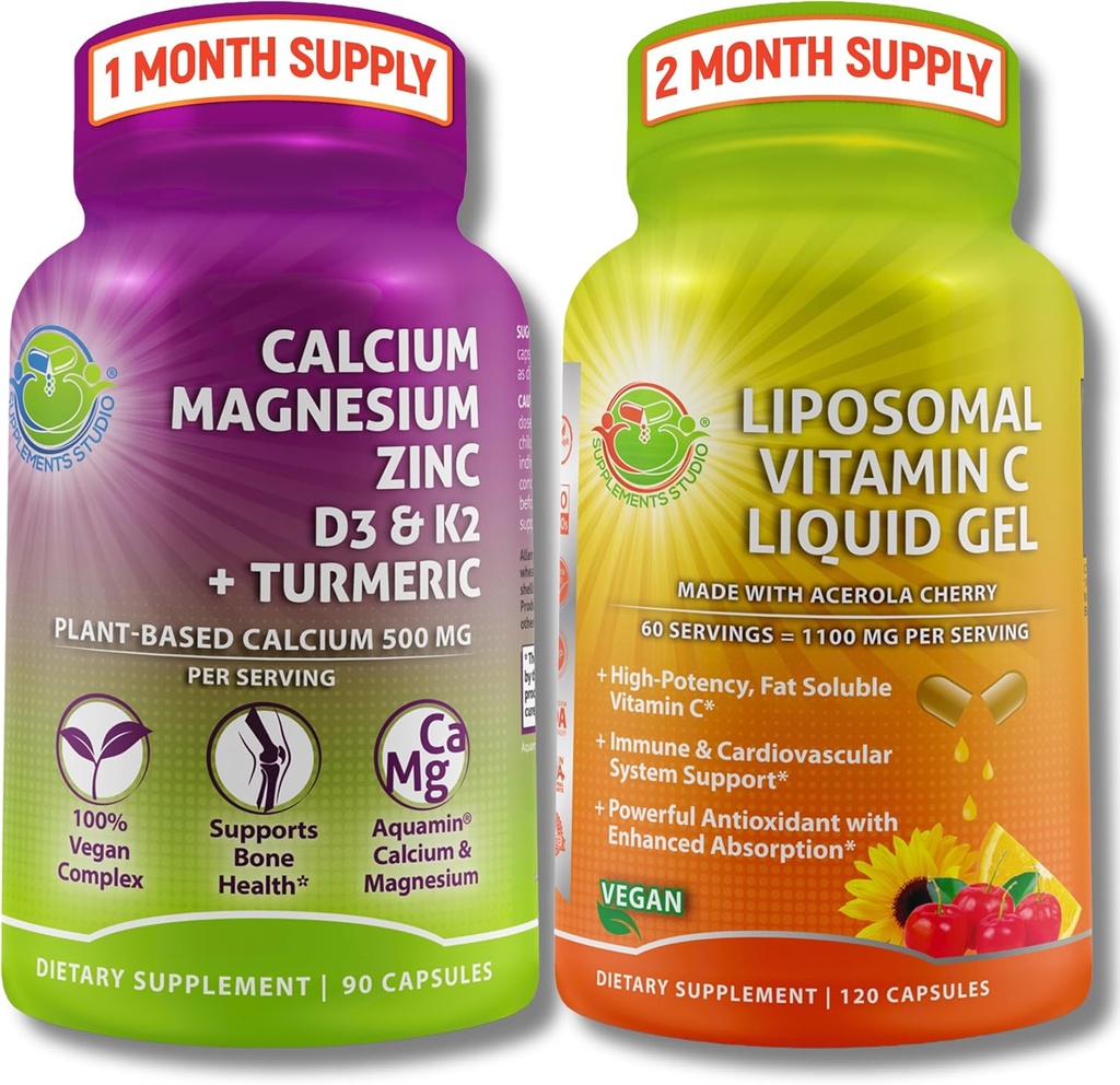 Bone & Immune Support Sche – Liposomal Vitamin C 1100 mg Sıvı Gel, Acerola Cherry & Plant-Baseduba (Amin®) ile zenginleştirildi, Magnezyum, çinko, D3, K2 + Turmeric - Clean Wellness Support