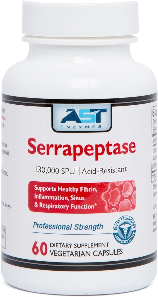 AST Enzymes Serrapeptase 130,000 SPU – 60 Vejetary Capsules – Premium Natural Systemic Enzymes – Acid-Resistant Serrapeptase