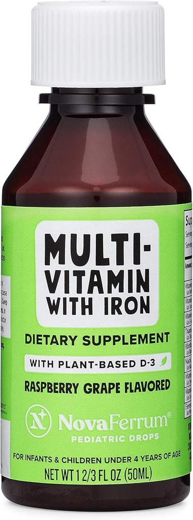 NovaFerrum Delish | Vegan Multivitamin with Iron for Infants, Toddler & Kids | Immune Support | Organik Plant-Based D-3 | Gluten Free | Vegan  Valid | Sugar Free | 1.69 Fl Oz (50 mL)