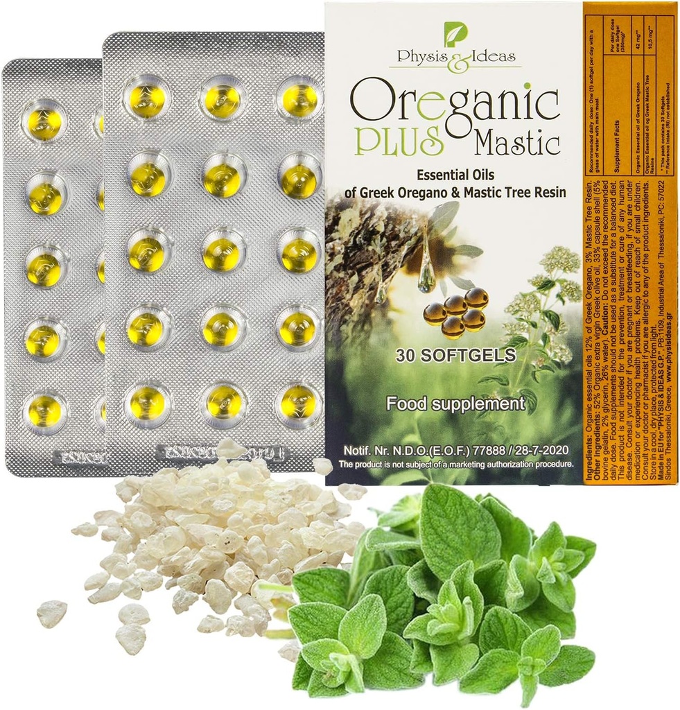 Oreganic Plus Mastic - Oregano Essential Oil Capsules & Chios Mastic Gum Oil - Wild Oregano Oil Capsules Organik - Immune ATM ve Intestinal Support - Non-GMO - 30 Count Fırka
