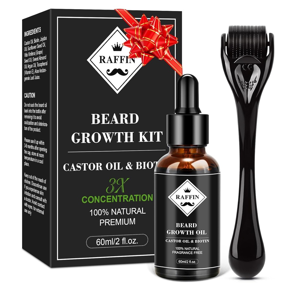 RAFFIN Beard growth Kit, Yükseltilmiş Ayıd Growth Oil (2Oz) w/Maximumtut Biotin & Castor Oil for Spot/Patchy Beard, Achieve Fuller, Tier & Healthier Beards, He Boyfriend Husband için Hediyeler