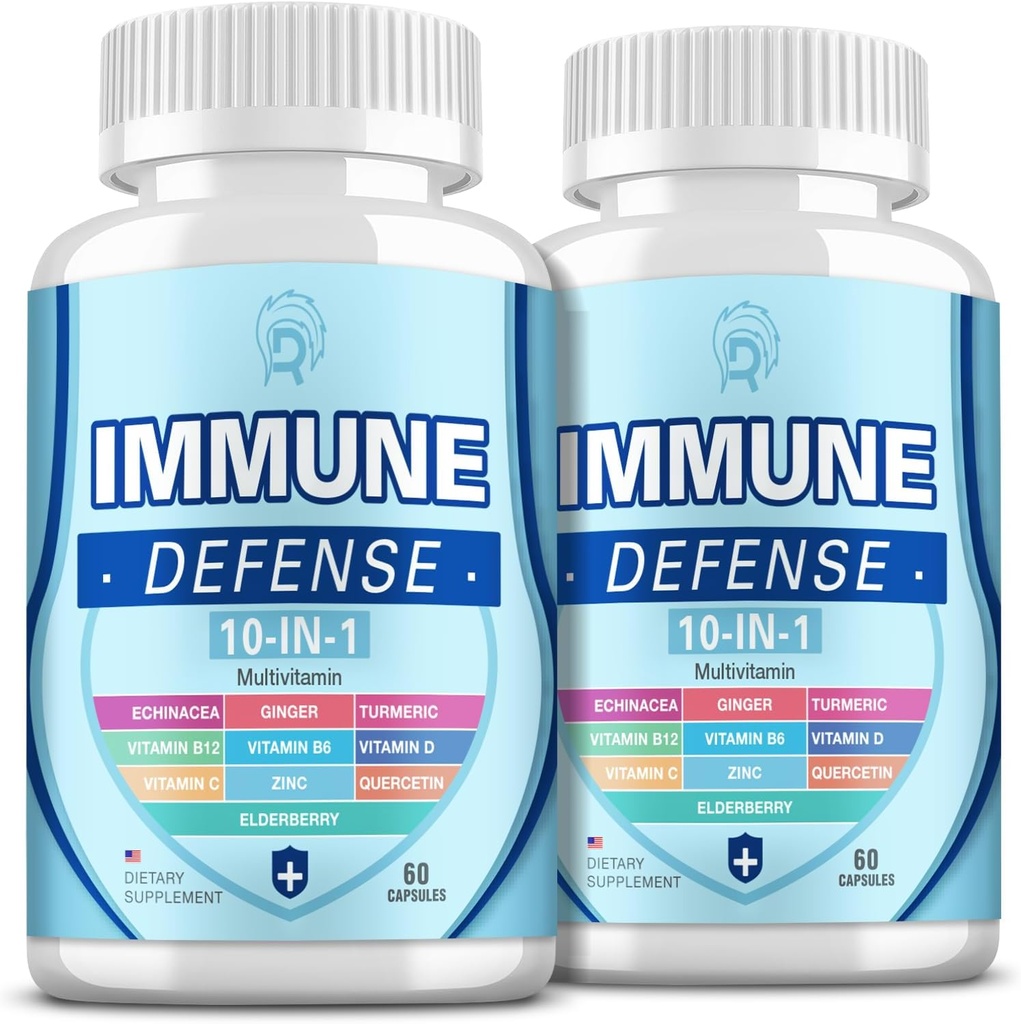 Immune Support Supplement, 10-in-1 Immune Savunma C,B6,B12,VIT D, çinko, Echinacea Turmeric Elder Immune ATMs for Adult - 120 Capsules(2 Pack)