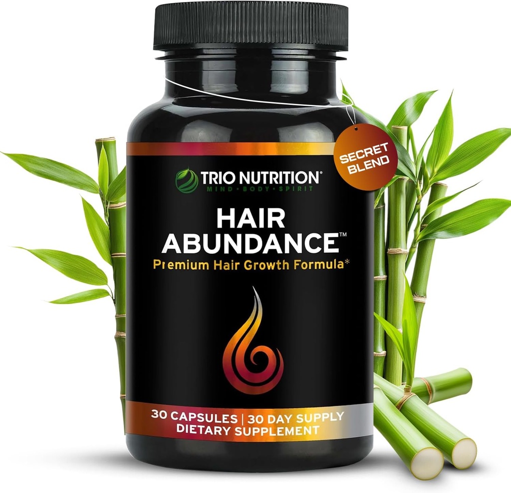 TRIO NUTRITION Hair Abundance | Natural Vitamin Supplement for Hair Growth, Strong Nails and Smooth Skin| Boosted with Collagen, Keratin, Zinc & Selenium | Biotin 10000mcg | 30 Day Supply