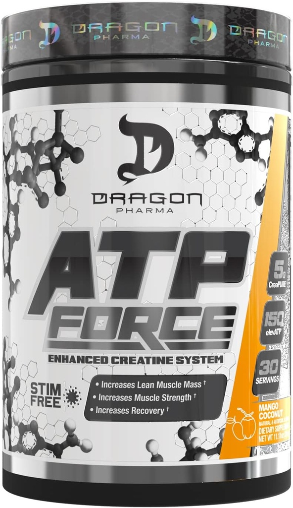 DRAGON PHARMA ATP Force Enhanced Creatine System, Stim-Free, Increase Lean Muscle Mass & Recovery, 5 Grams of CreaPure, Improves Blood Flow (30 Servings, Mango Coconut)