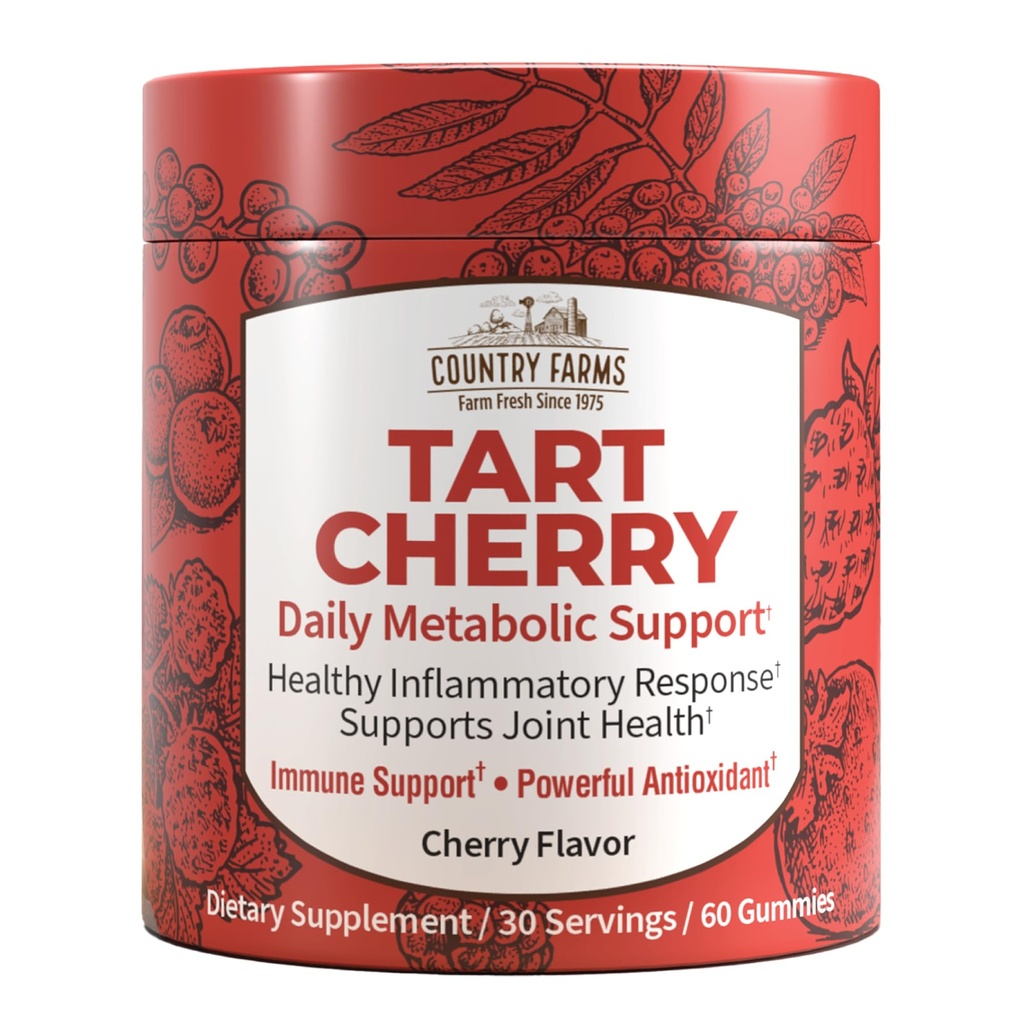 Country Farms Tart Cherry Gummies, Dialy Metabolic Support, Supports Bone Health, Potent Antioksis, Cherry Flavor, 60 Gummies