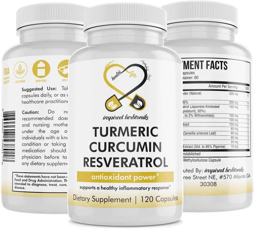 Turmeric Curcumin Resveratrol Beslenme Tamam, Antioksi Özellikler, İyi Inflammasyon ve Immune System, 120 Vegan Capsules