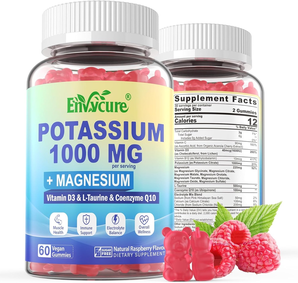 Συμπληρώματα καλίου Gummies - 1000mg Κιτρικό κάλιο με σύμπλοκο μαγνησίου/γλυκινικό/σιτρικό, Coq10, L-Ταυρίνη, B12,D3–Ηλεκτρολυτικό, Ενέργεια, Εγκέφαλος - Συμπλήρωμα Μαγνησίου Καλίου για Ενήλικες, 2Pack
