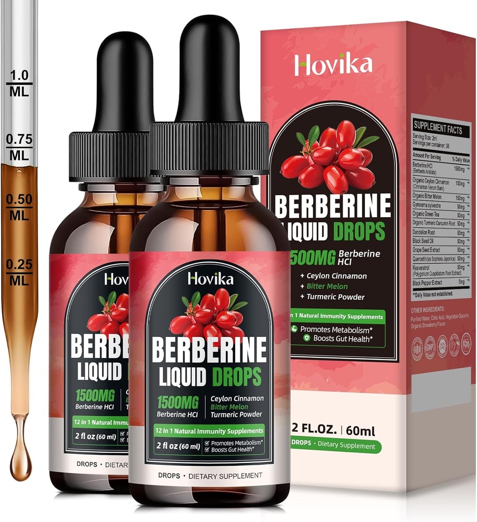 (2 Pack) Berberine HCL Sıvı Ölçeği - 1500 mg Yüksek derecede Absorbable Berberine Sıvı Ölçeği - Immune, Digestion System and Heart Health Support, Strawberry Flavor- 4 FL Oz