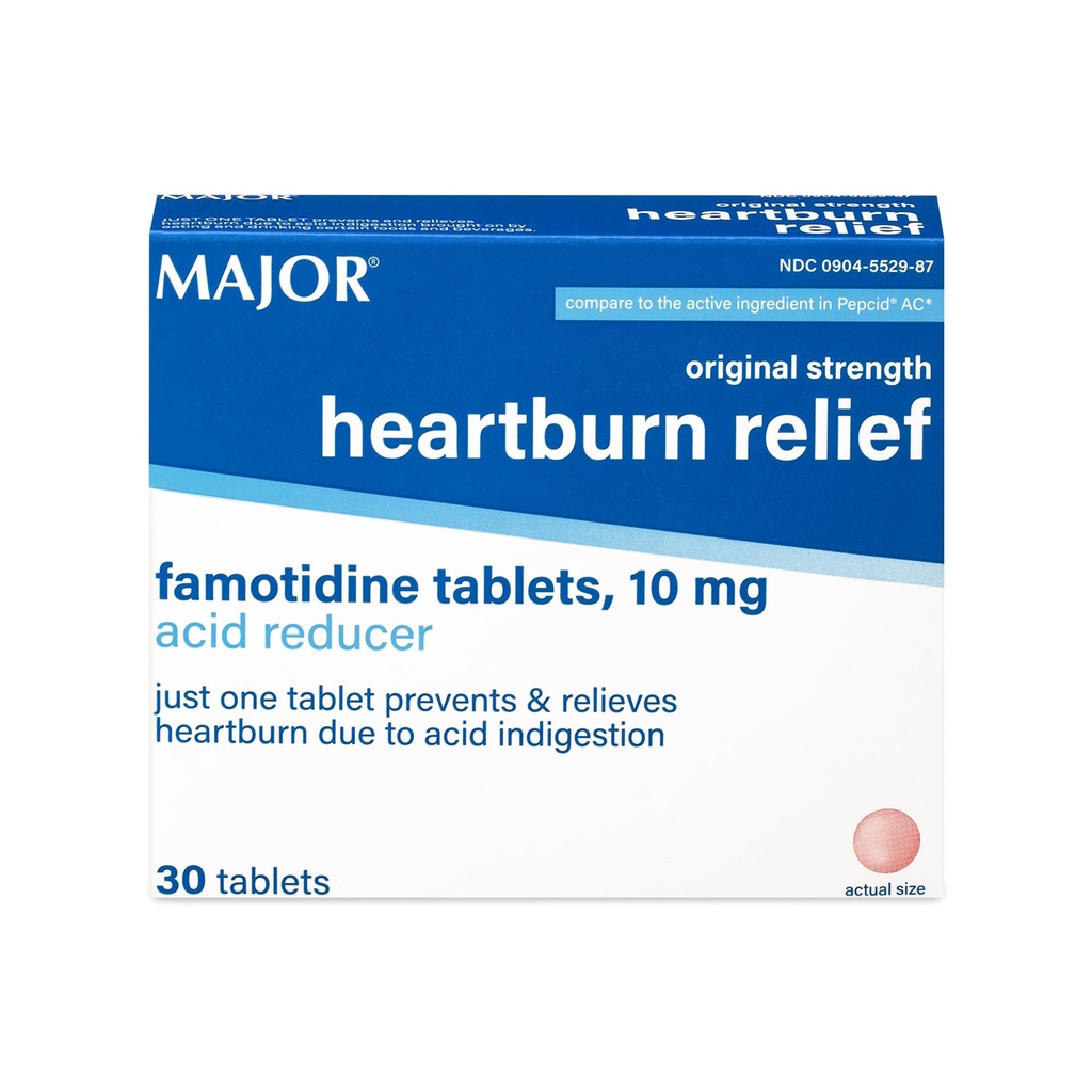 MAJOR Original Strength Heartburn Relief - Famotidine Tabletleri, 10 mg - Asit Tespiti - 30 Tablet (1-Pack)