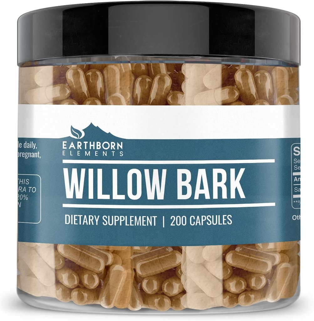 Earthborn Elements Willow Bark Extract (200 Capsules) Pure & Undiled, Hayır Katkıları