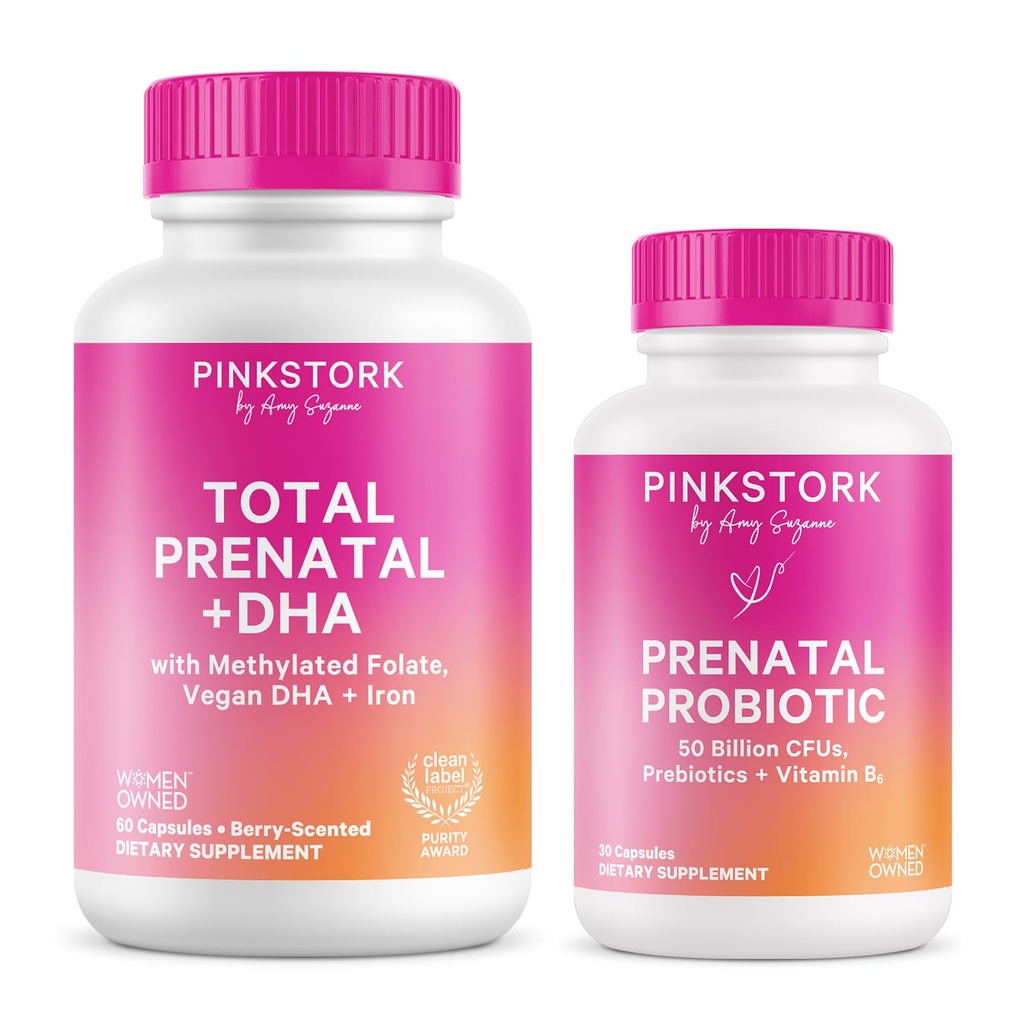 Pink Stork Prenatal Vitamin Duo: Hamile Kadınlar için Prenatal Vitaminler ve Probiyotikler - DHA, Folate, B6 ve More - 2 Ürünler, 90 Capsules ve Probiyotikler