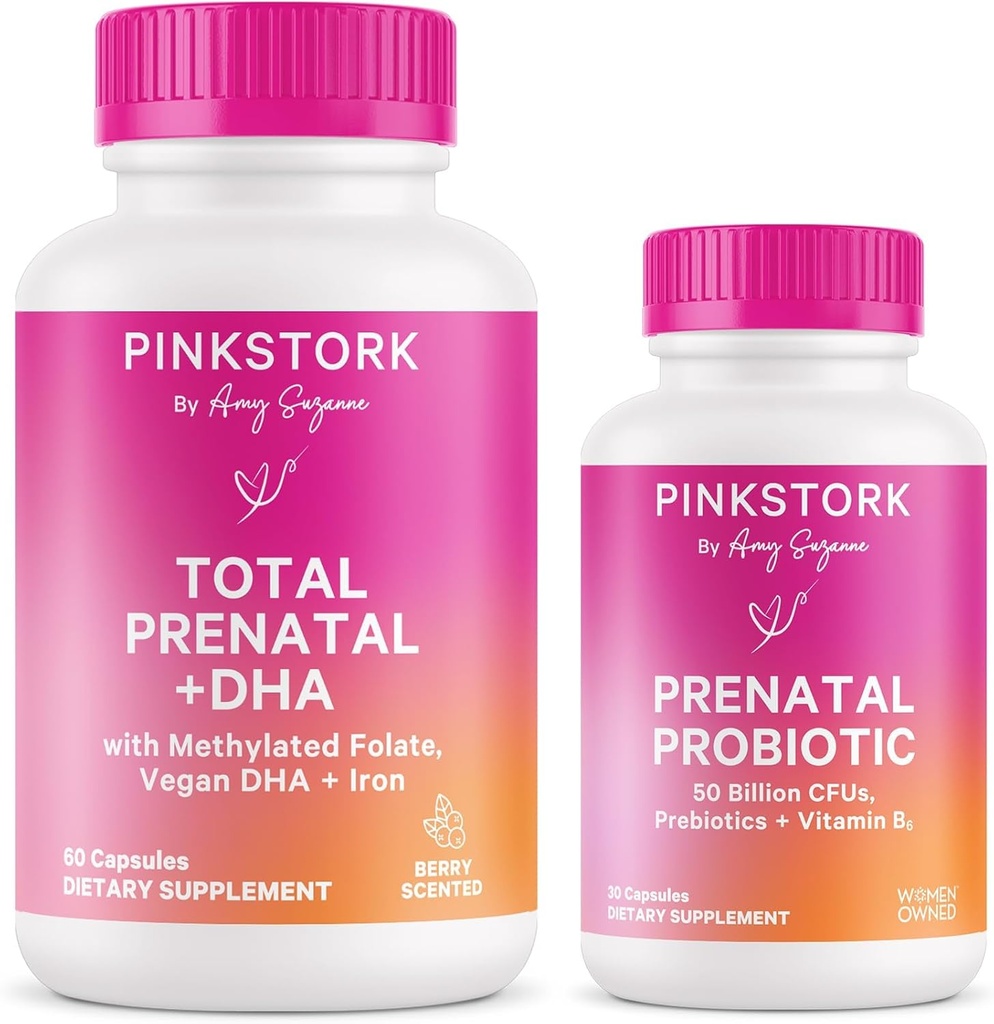 Pink Stork Prenatal Vitamin Duo: Hamile Kadınlar için Prenatal Vitaminler ve Probiyotikler - DHA, Folate, B6 ve More - 2 Ürünler, 90 Capsules ve Probiyotikler