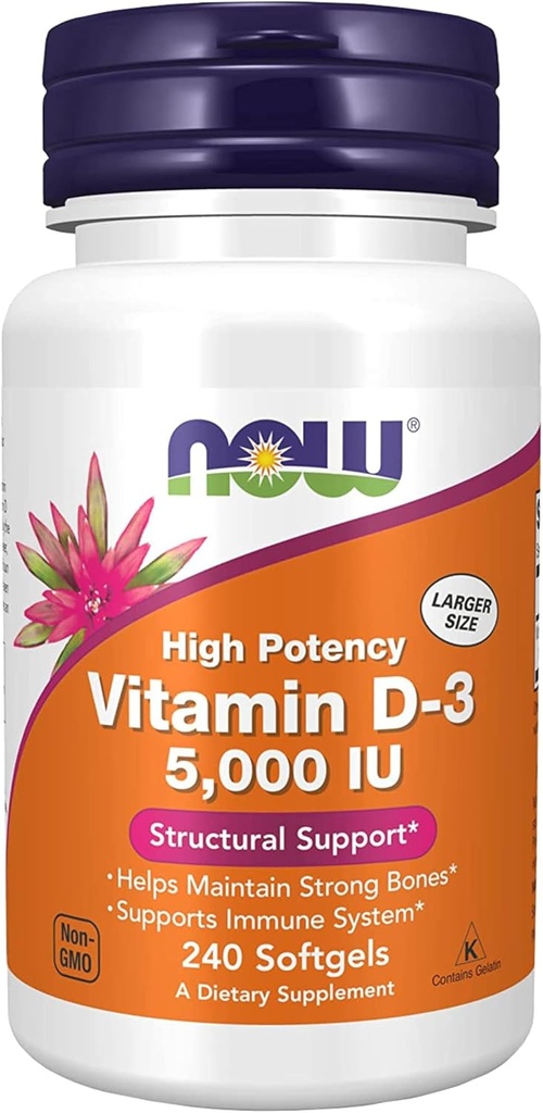 Şimdi Tamamlar, Vitamin D-3 5.000 İ, Yüksek Potency, Yapısal Destek*, Dünya Beslenme Gıdaları ile 240 Softgel