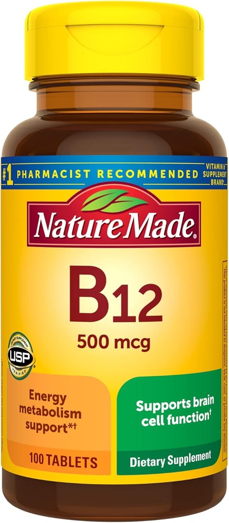 Nature Made Vitamin B12 500 mcg, Dietary Supplement for Energy Metabolism Support, 100 Tablets, 100 Day Supply
