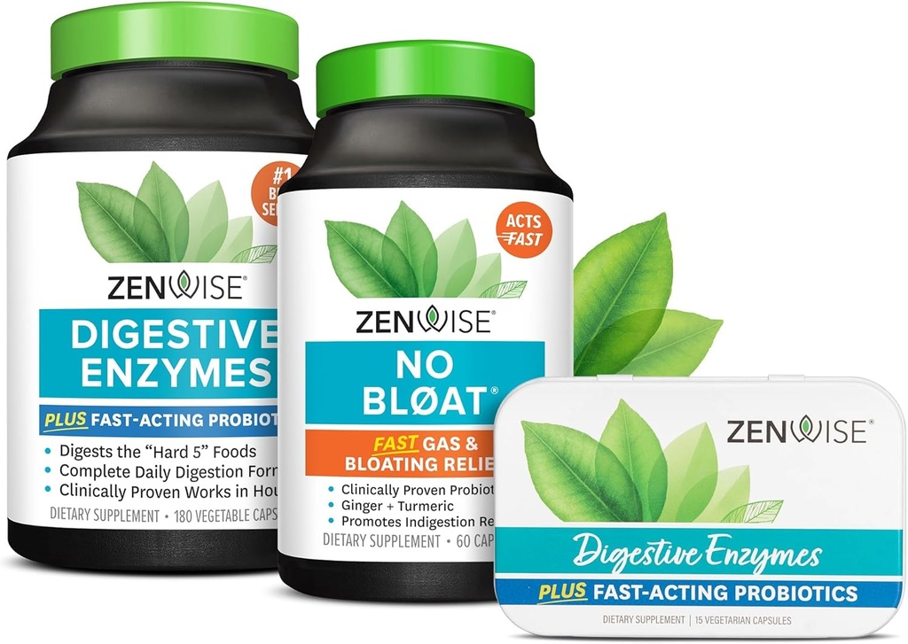 Zenwise Health Digestive Enzymes, No Bloat, and Free Travel Tin with Probiyotiks for Digestive and Gut Health | Bloating Relief for Women and Men