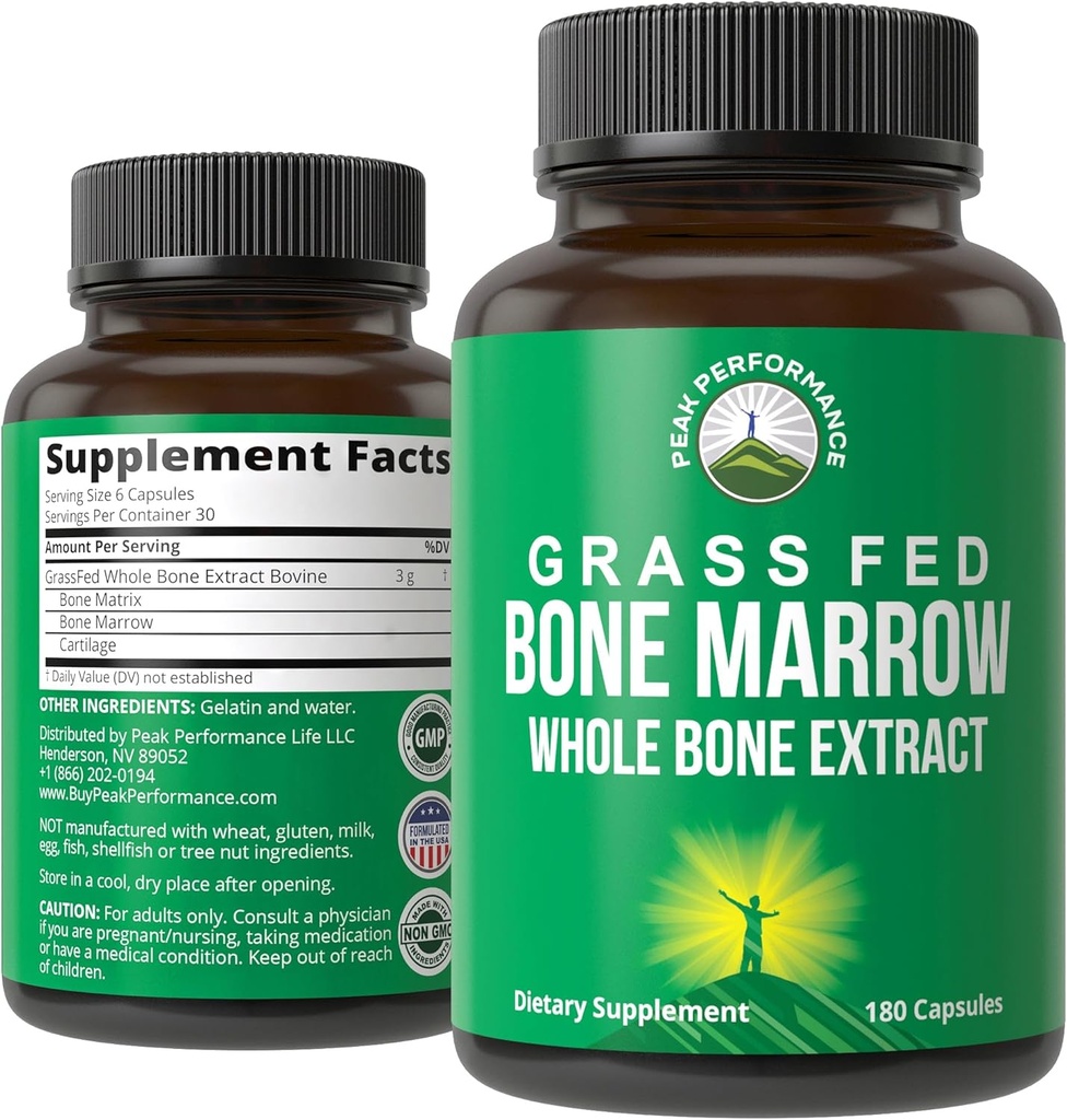 Peak Performance Grass Fed Bone Marrow - Tüm Bone Extract Supplement 180 Capsules Superfood Pills Rich in Collagen, Vitaminler ve Platinum Asits. from Bone Matrix, Marrow, Cartilage. Ancestral Tabletler