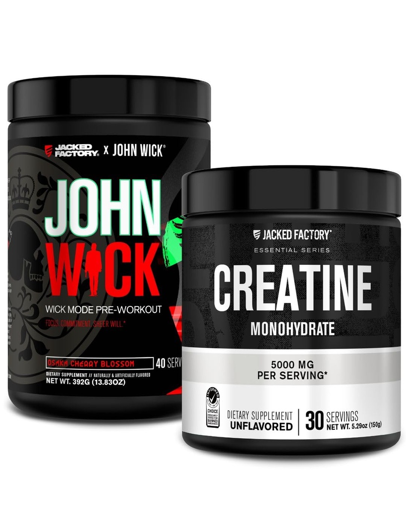 Jacked Factory X John Wick - Wick Mode Pre Workout Toz (Osaka Cherry Blossom, 40 Hizmet) & Kretine Monohidrat Toz (Unflavored, 30 Hizmet)