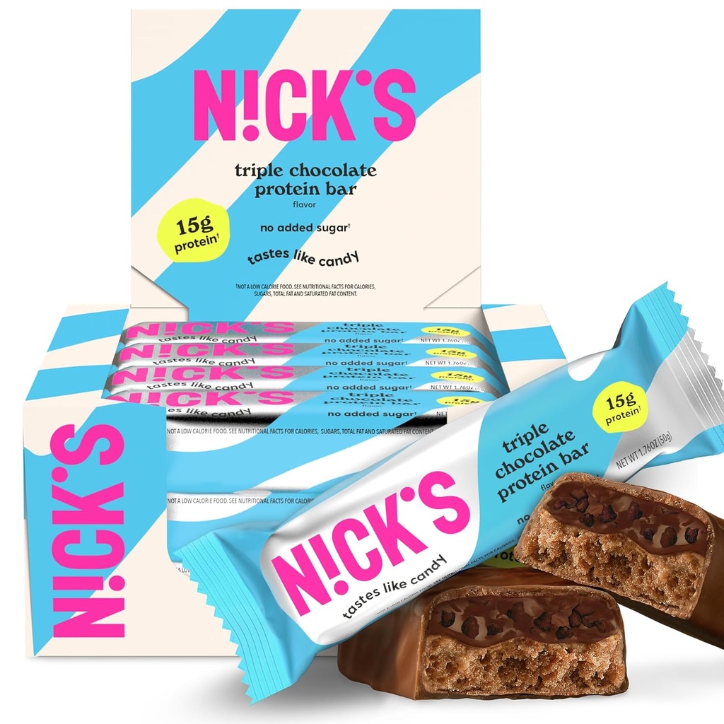 Nick'in Triple Chocolate Protein Bars – 12Count Box | Yüksek Protein, Low Calories, Low Carbs, Keto Friendly, Nodrew Sugar