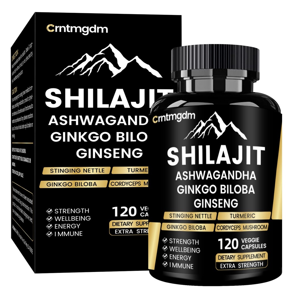 Shilajit Capsules - 20,000mg Pure Himalayan Organic Shilajit for Men & Women with Ashwagandha, Supports Vitality and Wellness, Premium Shilajit Pure Himalayan Supplement, 120 Capsules