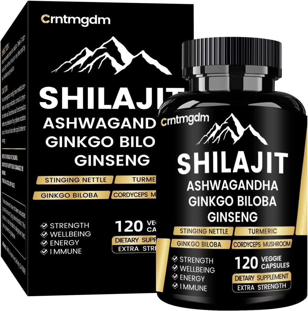 Shilajit Capsules - Ashwagandha ile Erkekler ve Kadınlar için 20.000 mg Saf Himalaya Organik Shilajit, Vitality ve Wellness, Premium Shilajit Pure Himalaya Tamam, 120 Capsules