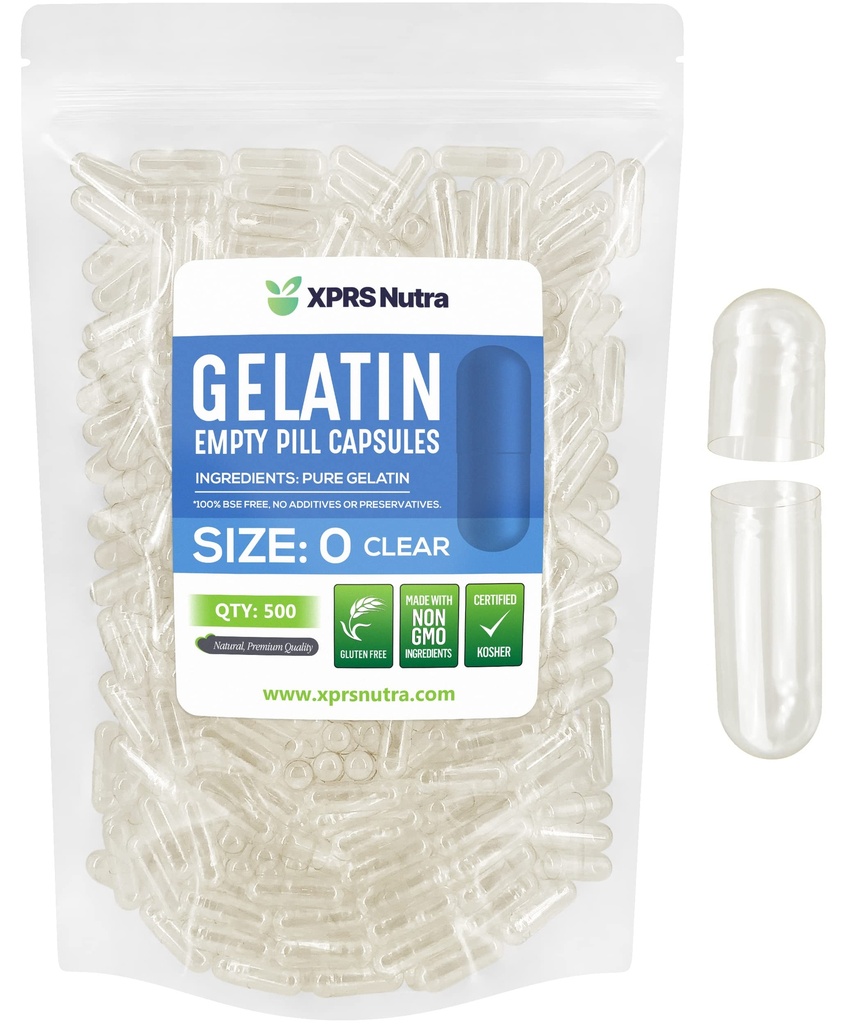XPRS Nutra Boyutu 0 Boş Kapsüller - 500 Kont Clear Boş Gelatin Capsules - DIY Capsule Filling için Pills - Sağlam Bovine Pill Gel Caps for DIY Supplements