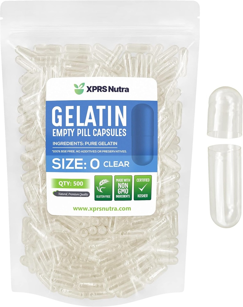 XPRS Nutra Boyutu 0 Boş Kapsüller - 500 Kont Clear Boş Gelatin Capsules - DIY Capsule Filling için Pills - Sağlam Bovine Pill Gel Caps for DIY Supplements