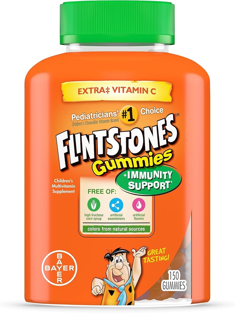Flintstones Gummies Kids Vitamins with Immunity Support*, Kids and Toddler Multivitamin with Vitamin C, Vitamin D, B12, çinko & daha, Orange 150ct