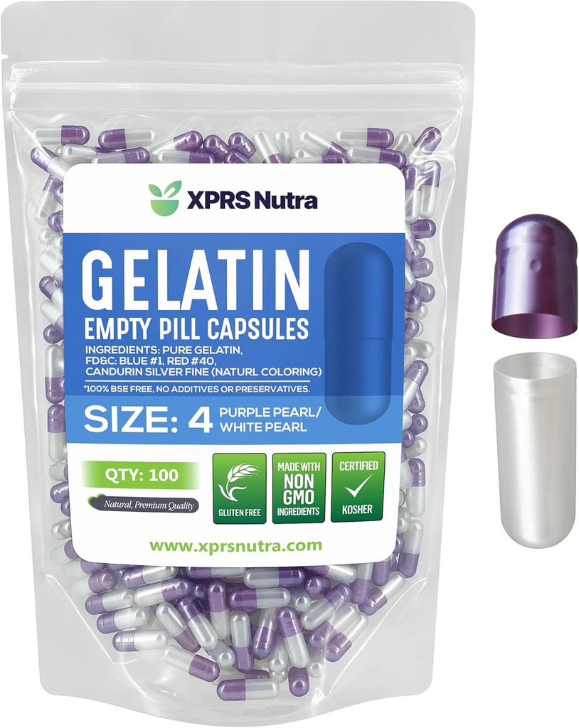 XPRS Nutra Boyutu 4 Boş Kapsüller - 100 Kont Küçük Boş Gelatin Capsules - Pills DIY Capsule - Sağlam Bovine Pill Gel Caps For Do-It- Yourself Supplements (Pearl Mor/White)