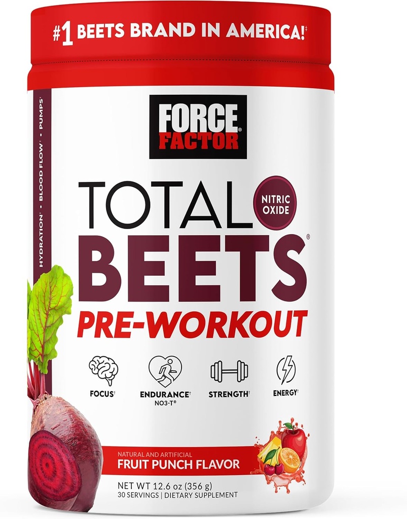 FORCE FACTOR Total Beets Pre-Workout Powder για την ενίσχυση της ενέργειας & της αντοχής, αύξηση της δύναμης και βελτίωση της ροής του αίματος και των αντλιών, Nitric Oxide Supplement with Beet Root Powder, Fruit Punch, 30 εξυπηρετήσεις