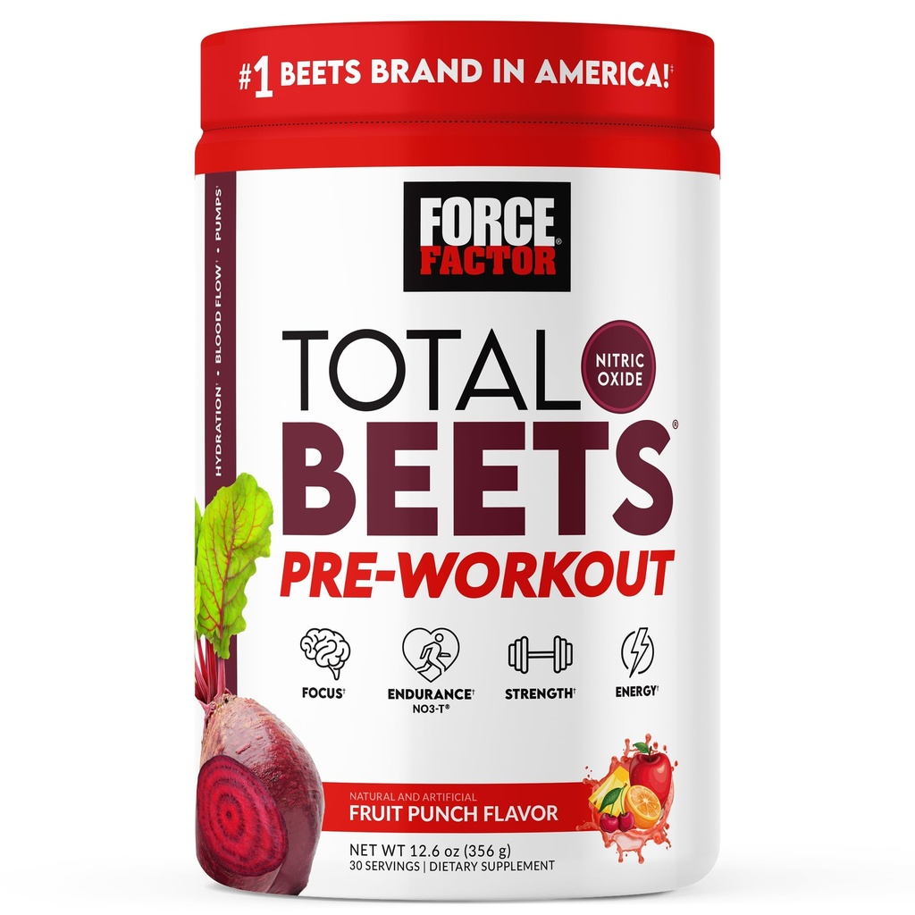 FORCE FACTOR Total Beets Pre-Workout Toz to Boost Energy & Endurance, Strength, and improve Blood Flow and Pumps, Nitrik Oksit Supplement with Beet Root Toz, Fruit Punch, 30 Servisler
