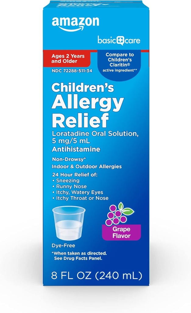 Temel Bakım Çocuk Alerji ilacı, 24 Saat Loratadine Oral Çözüm 5 mg/5 mL, Non-Drowsy Antihistamine, Grape Flavor, 2 ve Yaşlı, 8 fl oz (Pazar 1)