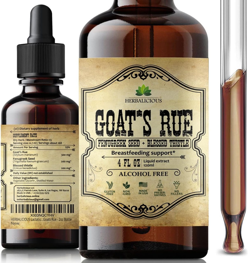 HERBALICIOUS Goat's Rue Liquid Extract 4 fl oz - Natural Herbal Tincture with Goat's Rue, Fenugreek Seeds, Blessed Thistle - Alcohol Free Non-GMO Lactation Supplement for Increased Breast Milk
