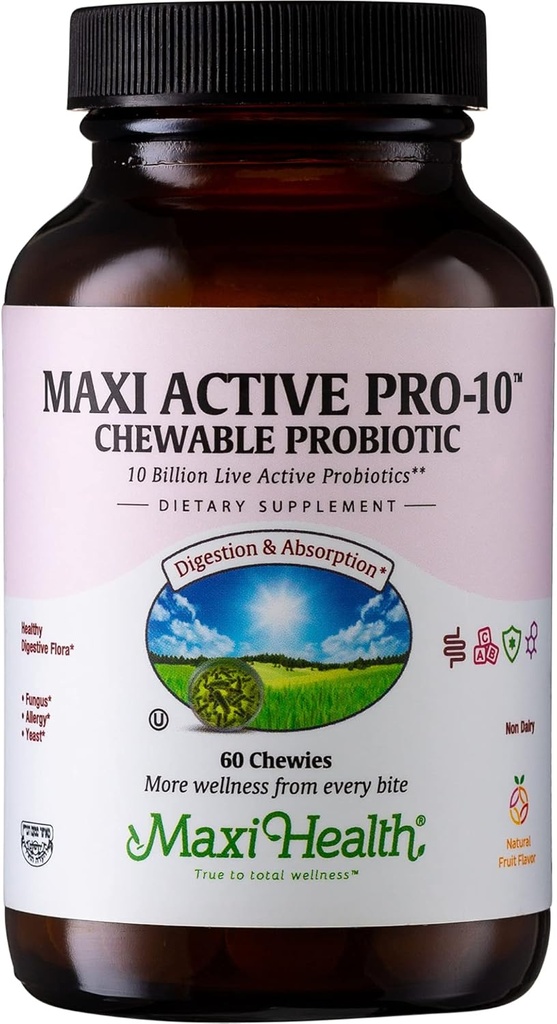Maxi Health Active Pro-10 Kids Probiyotik Chewables – 15 Strains for Digestive & Immune Health – 10 Milyar probiyotik DNA- Dairy-Free, Kosher – Supports Gut Health, Vegetarian – 60 ct (Shelf Stable)