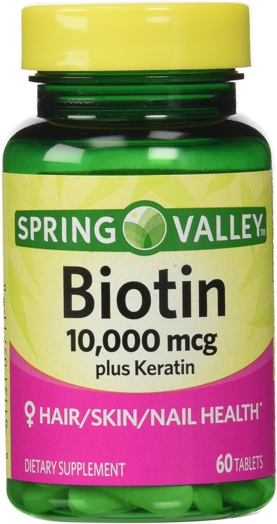 Spring Valley Biotin Diyeter Supplement, 10.000 Mg with 100 Mg Keratin, 60 Tablet