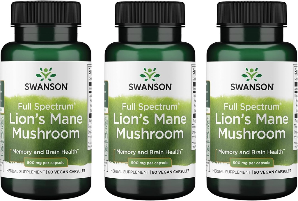 Swanson Lion's Mane Mushroom - Geleneksel Beyin ATM Supplement Hericium Erinaceus (60 Capsules, 500 mg Her) 3 Pack