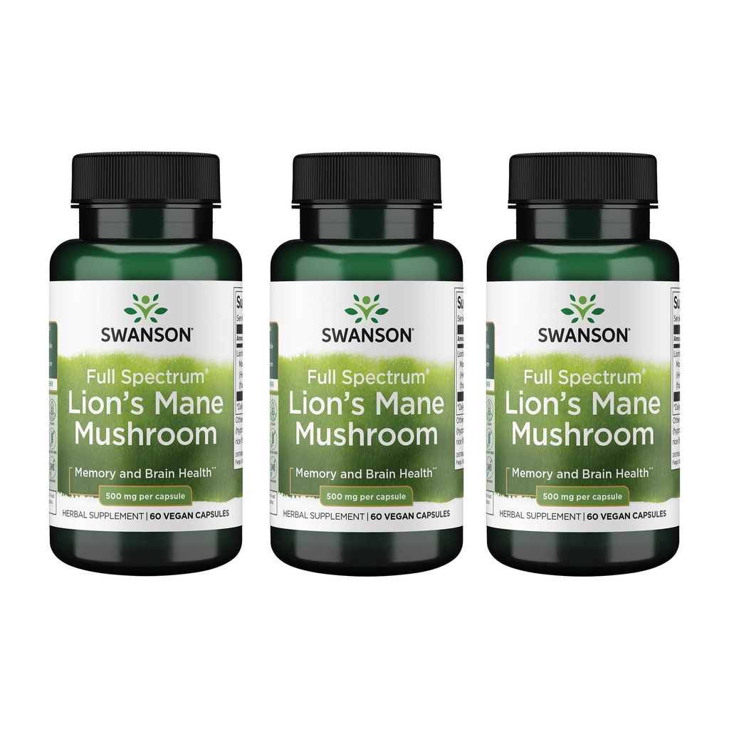 Swanson Lion's Mane Mushroom - Geleneksel Beyin ATM Supplement Hericium Erinaceus (60 Capsules, 500 mg Her) 3 Pack