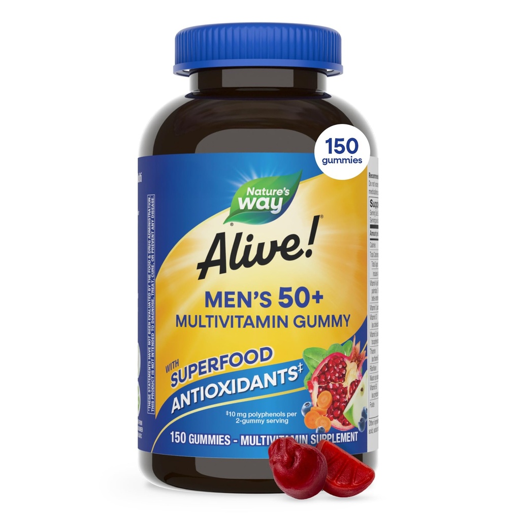 Nature's Way Alive Men's 50+ Daily Gummy Multivitamins, Supports Health Brain, Eyes, Heart*, B-Vitamins, Gluten-Free, Fruit Flavored, 150 Gummies (Pazar May Vary)