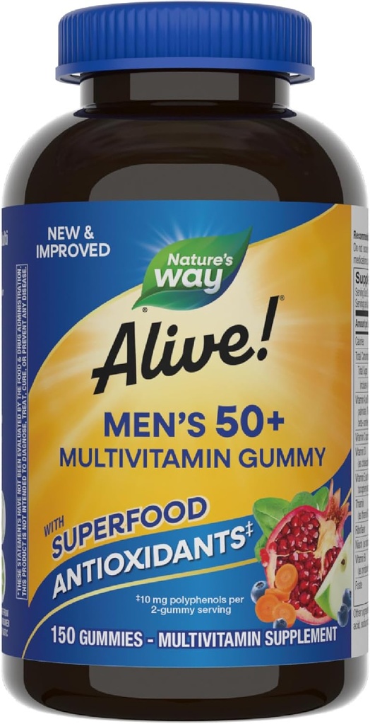 Nature's Way Alive Men’s 50+ Daily Gummy Multivitamins, Supports Healthy Brain, Eyes, Heart*, B-Vitamins, Gluten-free, Fruit Flavored, 150 Gummies (Packaging May Vary)