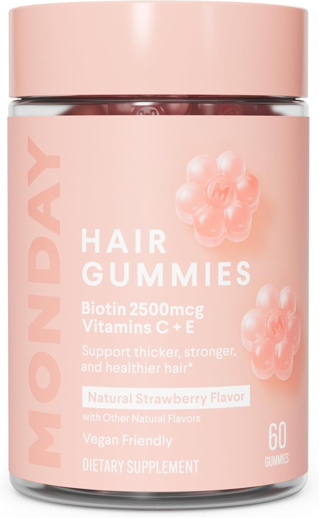 MONDAY HAIRCARE Hair Gummies with 2500 mcg Biotin, C & Vitiman E for Saber, Güçlü ve Sağlıklı Saç 60