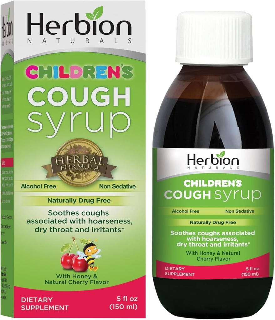 Herbion Naturals Cough Syrup for Children 5fl Good Tasting Supplement with Natural Honey and Flavor Helps Relieve Cough Sağlıklı Lung Fonksiyonl Immunity For Kids 13 and above, Green, Cherry, 5 Fl Oz