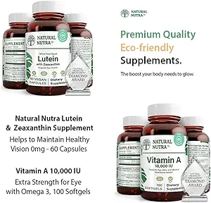 Doğal Nutra Lutein ve Zeaxanthin Supplement Soy Free, 20 mg - 60 Capsules ve A 10.000 IU, Omega 3, 100 Gluten Free Softgels