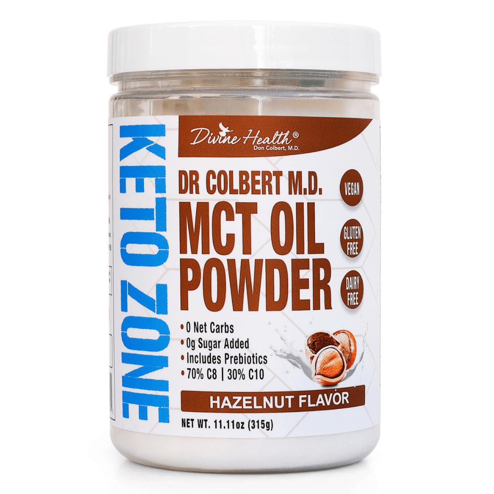 İlahi Sağlık Dr. Colbert, MD MCT Oil Toz | Hazelnut Flavor Keton Diyet Kitabı | Kahve Kremer |% 70 C8 30 C10 | 0 Net Araç | 30 Gün Supply | 330 G G G